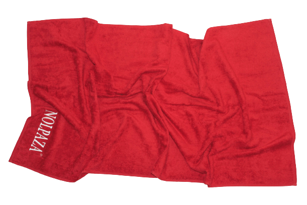 Custom logo embroidered promotional beach towels displayed against a clean, solid background, highlighting their vibrant red colors and intricate embroidery designs, ideal for elevating brand visibility and making a lasting impression